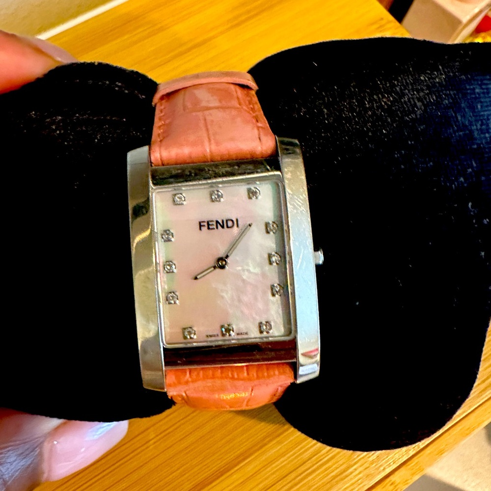 Fendi Diamond Mother of Pearl Rectangular Watch Pink Leather Strap